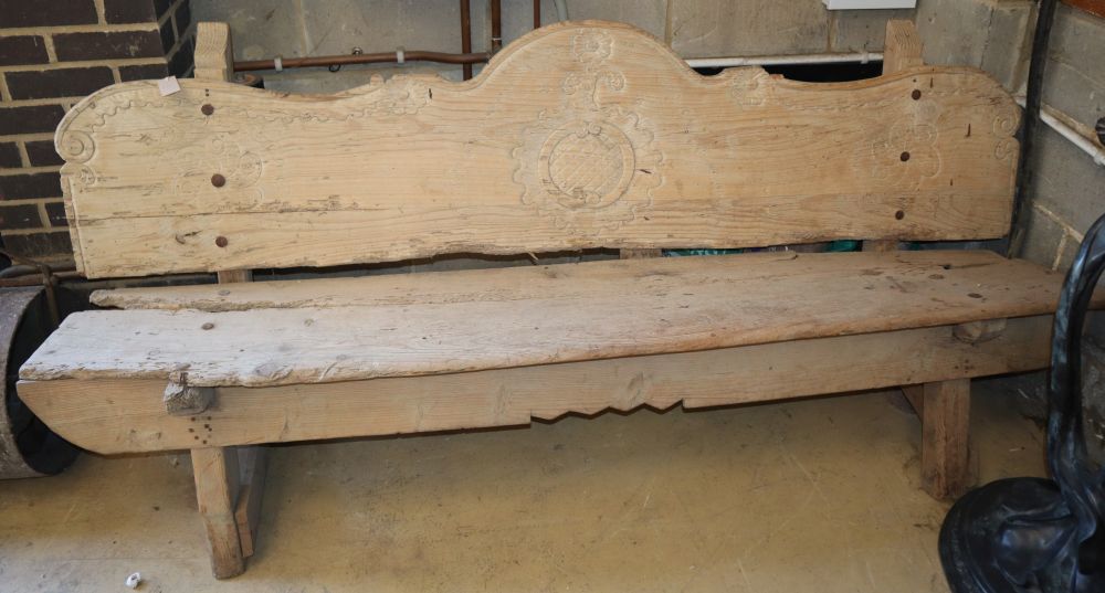 A Portuguese pine bench, c.1790, W.208cm, D.60cm, H.86cm